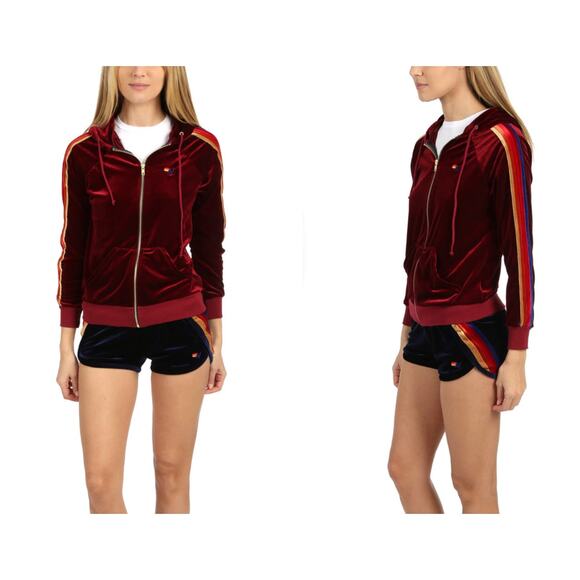 (XL) Aviator Nation Classic Velvet Zip Rainbow Stripe Sleeve Hoodie in Wine - Picture 1 of 6